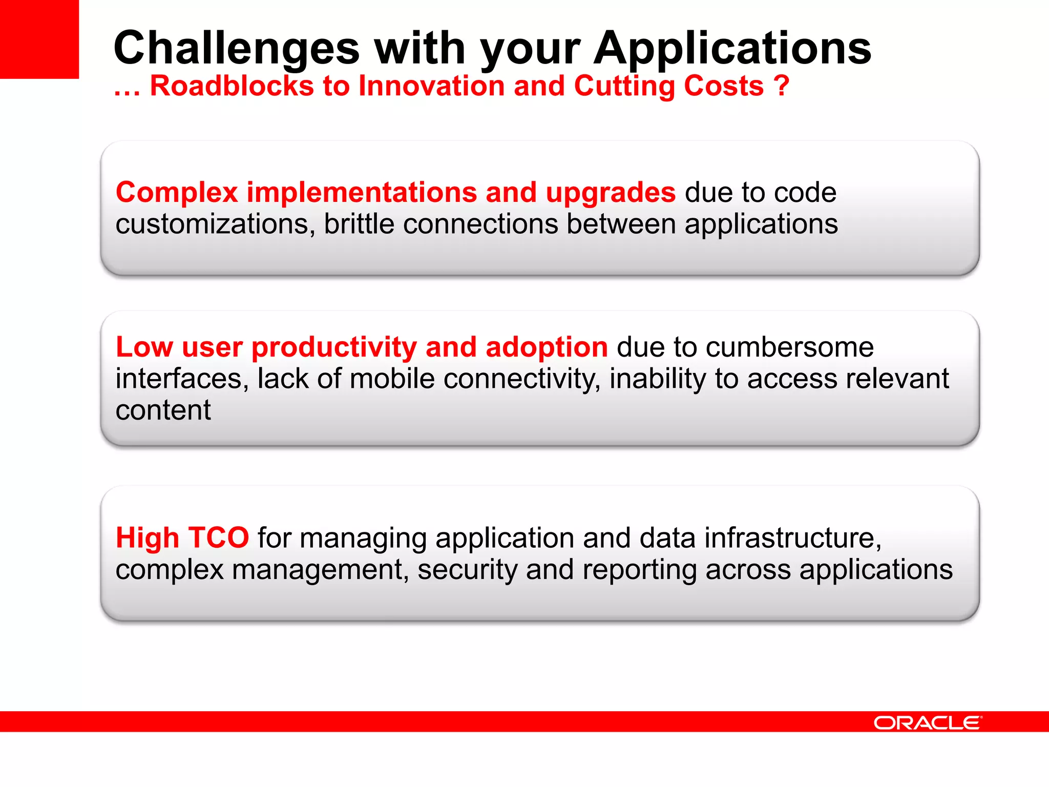 High TCO for managing application and data infrastructure,
complex management, security and reporting across applications
Low user productivity and adoption due to cumbersome
interfaces, lack of mobile connectivity, inability to access relevant
content
Complex implementations and upgrades due to code
customizations, brittle connections between applications
Challenges with your Applications
… Roadblocks to Innovation and Cutting Costs ?
 