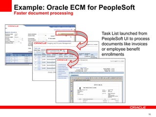 Example: Oracle ECM for PeopleSoft
Faster document processing
Task List launched from
PeopleSoft UI to process
documents like invoices
or employee benefit
enrollments
10
 
