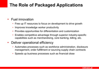 The Role of Packaged Applications
• Fuel innovation
• Free up IT resources to focus on development to drive growth
• Improves knowledge worker productivity
• Provides opportunities for differentiation and customization
• Enables competitive advantage through superior industry-specific
capabilities such as merchandising, core banking, billing, etc.
• Deliver operational efficiency
• Automates processes such as workforce administration, disclosure
management, order fulfillment or sourcing supply chain contracts
• Speeds up business processes such as financial close
 