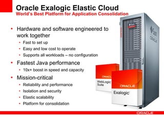 Oracle Exalogic Elastic Cloud
World’s Best Platform for Application Consolidation
• Hardware and software engineered to
work together
• Fast to set up
• Easy and low cost to operate
• Supports all workloads – no configuration
• Fastest Java performance
• 10x+ boost in speed and capacity
• Mission-critical
• Reliability and performance
• Isolation and security
• Elastic scalability
• Platform for consolidation
 