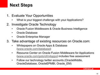 Next Steps
1. Evaluate Your Opportunities
• What is your biggest challenge with your Applications?
2. Investigate Oracle Technology
• Oracle Fusion Middleware & Oracle Business Intelligence
• Oracle Database
• Oracle Enterprise Manager
3. Take advantage of existing resources on Oracle.com:
• Whitepapers on Oracle Apps & Database
(www.oracle.com/database)
• Resource Center on Oracle Fusion Middleware for Applications
(www.oracle.com/goto/ofm4apps) includes free assessment
• Follow our technology twitter accounts (OracleMiddle,
OracleDatabase, OracleEPMBI, Oracle_EM)
62
 