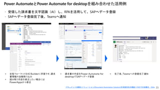 23
• 定型フォーマットをAI Builderに学習させ、請求
書情報の自動取り込み
• 読み取り内容を修正したい場合には
PowerAppsから修正
• 請求書の内容をPower Automate for
desktopでSAPへデータ登録
• 完了後、Teamsへの登録完了通知
ドキュメント自動化ソリューション(Document Automation Solution)日本語対応の検証＋PADでの自動化 - Qiita
 
