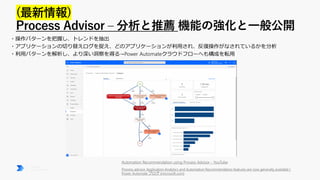 Process advisor Application Analytics and Automation Recommendation features are now generally available |
Power Automate ブログ (microsoft.com)
Automation Recommendation using Process Advisor - YouTube
 