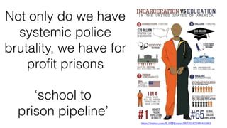 https://twitter.com/JI_GPH/status/983103475436441603
Not only do we have
systemic police
brutality, we have for
proﬁt prisons
‘school to
prison pipeline’
 