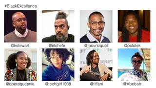 #BlackExcellence
@kstewart @elchefe
@operaqueenie @techgirl1908 @tiffani
@polotek
@Abebab
@jboursiquot
 