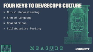 Four Keysto DevSecOps Culture
» Mutual Understanding
» Shared Language
» Shared Views
» Collaborative Tooling
@wickett
 