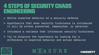 4 Steps ofSecurityChaos
Engineering
» Deﬁne expected behavior of a security defense
» Hypothesize that when security turbulence is introduced
it will be either prevented, remediated, or detected.
» Introduce a variable that introduces security turbulence.
» Try to disprove the hypothesis by looking for a
difference in expected behavior and actual behavior
@wickett
 
