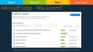Was nun?
https://developer.microsoft.com/en-us/microsoft-edge/platform/status/
Microsoft Edge - Was kommt?
Was? Warum? Wer?
 