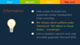 Was nun?
Information
Was? Warum? Wer?
💡
💬 Viele unserer Produkte sind
ausserhalb unserer Development
Chain erreichbar.
💬 Wir müssen damit aufhören jedes
Tutorial mit “Wir öffnen in Visual
Studio…” anzufangen.
💬 Und es bestehen natürlich noch viele
Vorurteile gegenüber Microsoft (EEE)
 