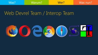 Was nun?
Web Devrel Team / Interop Team
Was? Warum? Wer?
 