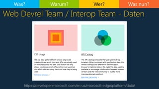 Was nun?
https://developer.microsoft.com/en-us/microsoft-edge/platform/data/
Web Devrel Team / Interop Team - Daten
Was? W...