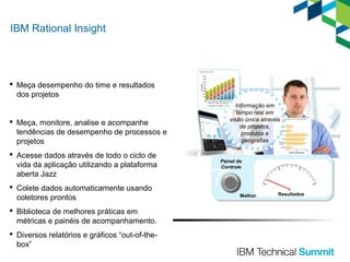 IBM Rational Insight

 Meça desempenho do time e resultados
dos projetos

 Meça, monitore, analise e acompanhe
tendências de desempenho de processos e
projetos
 Acesse dados através de todo o ciclo de
vida da aplicação utilizando a plataforma
aberta Jazz
 Colete dados automaticamente usando
coletores prontos

Informação em
tempo real em
visão única através
de projetos,
produtos e
geografias

Painel de
Controle

Melhor

Resultados

 Biblioteca de melhores práticas em
métricas e painéis de acompanhamento.
 Diversos relatórios e gráficos “out-of-thebox”
20

 