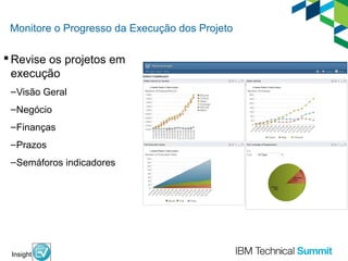 Monitore o Progresso da Execução dos Projeto

 Revise os projetos em
execução
–Visão Geral
–Negócio
–Finanças
–Prazos
–Semáforos indicadores

Insight

 