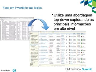 Faça um inventário das ideias

 Utilize uma abordagem
top-down capturando as
principais informações
em alto nível

Focal Point

 