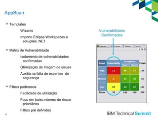 AppScan
 Templates
Wizards
Importe Eclipse Workspaces e
soluções .NET
 Matrix de Vulnerabilidade
Isolamento de vulnerabilidades
confirmadas
Otimização de triagem de issues
Auxilia na falta de expertise de
segurança
 Filtros poderosos
Facilidade de utilização
Foco em baixo número de riscos
prioritários
Filtros pré definidos
16

Vulnerabilidade
Confirmadas

 