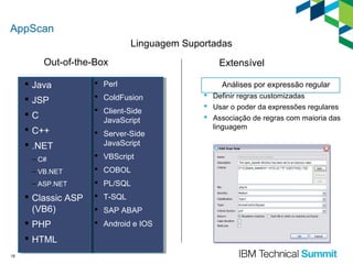 AppScan
Linguagem Suportadas
Out-of-the-Box
 Java

 Perl

 JSP

 ColdFusion

C

 Client-Side
JavaScript

 C++
 .NET

 Server-Side
JavaScript

– C#

 VBScript

– VB.NET

 COBOL

– ASP.NET

 PL/SQL

 Classic ASP
(VB6)

 T-SQL

 PHP

 Android e IOS

 HTML
18

 SAP ABAP

Extensível
Análises por expressão regular
 Definir regras customizadas
 Usar o poder da expressões regulares
 Associação de regras com maioria das
linguagem

 