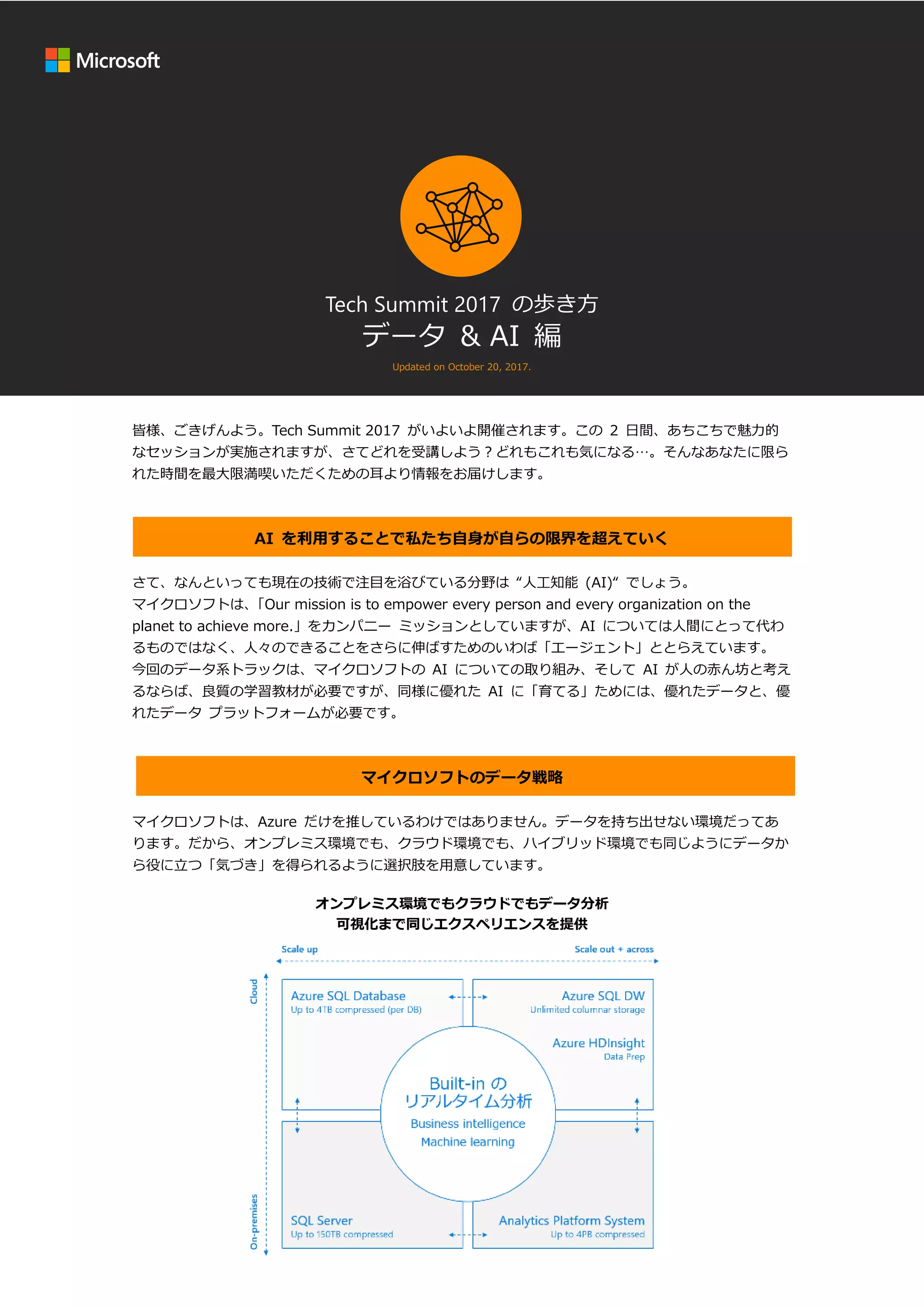 Tech Summit 2017 の歩き方
データ & AI 編
Updated on October 20, 2017.
皆様、ごきげんよう。Tech Summit 2017 がいよいよ開催されます。この 2 日間、あちこちで魅力的
なセッションが実施されますが、さてどれを受講しよう？どれもこれも気になる…。そんなあなたに限ら
れた時間を最大限満喫いただくための耳より情報をお届けします。
AI を利用することで私たち自身が自らの限界を超えていく
さて、なんといっても現在の技術で注目を浴びている分野は “人工知能 (AI)“ でしょう。
マイクロソフトは、「Our mission is to empower every person and every organization on the
planet to achieve more.」をカンパニー ミッションとしていますが、AI については人間にとって代わ
るものではなく、人々のできることをさらに伸ばすためのいわば「エージェント」ととらえています。
今回のデータ系トラックは、マイクロソフトの AI についての取り組み、そして AI が人の赤ん坊と考え
るならば、良質の学習教材が必要ですが、同様に優れた AI に「育てる」ためには、優れたデータと、優
れたデータ プラットフォームが必要です。
マイクロソフトのデータ戦略
マイクロソフトは、Azure だけを推しているわけではありません。データを持ち出せない環境だってあ
ります。だから、オンプレミス環境でも、クラウド環境でも、ハイブリッド環境でも同じようにデータか
ら役に立つ「気づき」を得られるように選択肢を用意しています。
オンプレミス環境でもクラウドでもデータ分析
可視化まで同じエクスペリエンスを提供
 