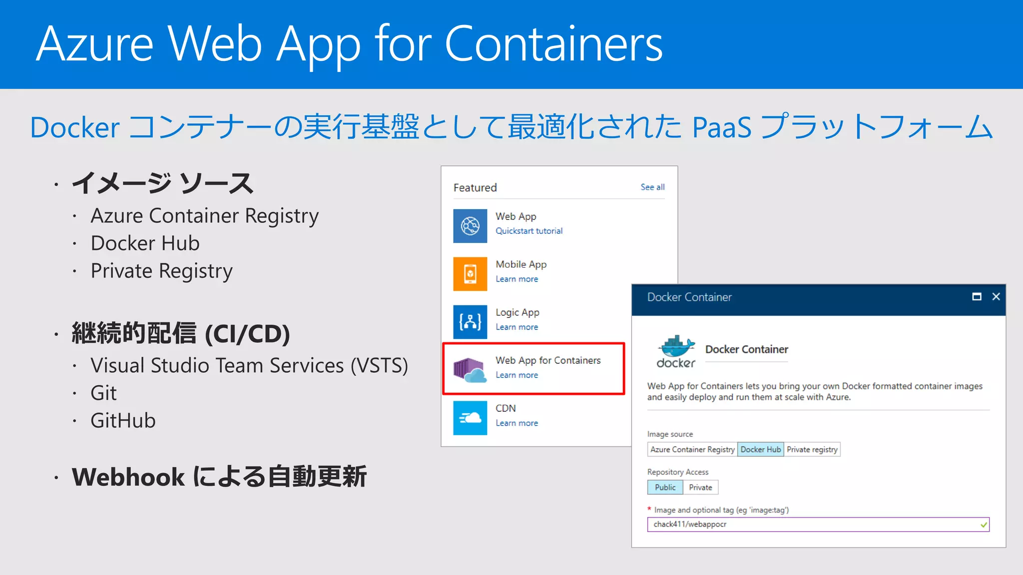 Azure Web App for Containers
Docker コンテナーの実行基盤として最適化された PaaS プラットフォーム
 