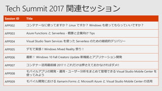 Session ID Title
APP002 コンテナーなに使ってますか？ Linux ですか？ Windows も使ってもらっていいですか？
APP003 Azure Functions と Serverless - 概要と企業向け Tips
APP004 Visual Studio Team Services を使った Serverless のための継続的デリバリー
APP005 デモで実感！Windows Mixed Reality 祭り！
APP006 最新！ Windows 10 Fall Creators Update 新機能とアプリケーション開発
APP007 コンテナー活用最前線 2017 !! これだけは押さえておかなければダメ!!
APP008
モバイルアプリの開発・運用・ユーザー分析をまとめて管理できる Visual Studio Mobile Center を
使ってみよう
APP009 モバイル開発における Xamarin.Forms と Microsoft Azure と Visual Studio Mobile Center の活用
 