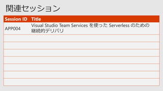 Session ID Title
APP004
Visual Studio Team Services を使った Serverless のための
継続的デリバリ
 