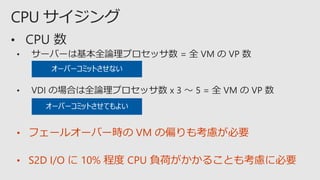 • フェールオーバー時の VM の偏りも考慮が必要
• S2D I/O に 10% 程度 CPU 負荷がかかることも考慮に必要
 