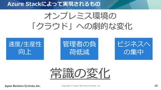 Copyright © Japan Business Systems, Inc. 13
オンプレミス環境の
「クラウド」への劇的な変化
Azure Stackによって実現されるもの
ビジネスへ
の集中
速度/生産性
向上
管理者の負
荷低減
常識の変化
 