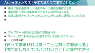 Copyright © Japan Business Systems, Inc. 27
 ハードウェア構成の選択肢が限定的
 「構築作業」が無い
 Azure Stackの基盤構成仮想マシン群にはアクセスできない
 「今まで通りの構成」にできない(Azure Stack基盤に関して)
 監視エージェントインストール不可
 バックアップエージェントインストール不可
 ウイルス対策ソフトインストール不可
 アップデート適用方法をコントロールできない
 拡張方法は用意されている手順のみ
 …その他多数
Azure Stackでは「今まで通りにできない」こと
構成に悩む必要無く「検証済み」の構成を選択できる
本質的に不要な構築作業で苦労する必要がなくなる
基盤は世界トップレベルのエンジニアに完全に管理してもらえる
アップデート適用は全自動で実施される
スケールアウトの方法も用意されていて悩まなくていい
「買って済ませれば良いことは買って済ませる」
「本当にしなくてはいけないこと」に集中できる
 