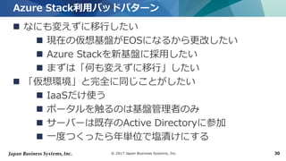 © 2017 Japan Business Systems, Inc. 30
 なにも変えずに移行したい
 現在の仮想基盤がEOSになるから更改したい
 Azure Stackを新基盤に採用したい
 まずは「何も変えずに移行」したい
 「仮想環境」と完全に同じことがしたい
 IaaSだけ使う
 ポータルを触るのは基盤管理者のみ
 サーバーは既存のActive Directoryに参加
 一度つくったら年単位で塩漬けにする
Azure Stack利用バッドパターン
 
