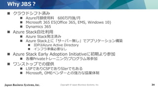 Copyright © Japan Business Systems, Inc. 34
 クラウドシフト済み
 Azure月額使用料 600万円強/月
 Microsoft 365 E5(Office 365, EMS, Windows 10)
 Dynamics 365
 Azure Stack自社利用
 Azure Stack発注済み
 Azure Stack上に「サーバー無し」でアプリケーション構築
 IDPはAzure Active Directory
 インフラ準備必要なし
 Azure Stack Early Adoption Initiativeに初期より参加
 各種Privateトレーニング/プログラム等参加
 ワンストップでの提供
 LSPでありCSPでありSIerでもある
 Microsoft, OMEベンダーとの強力な協業体制
Why JBS？
 
