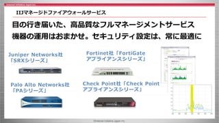 ©Internet Initiative Japan Inc.
IIJマネージドファイアウォールサービス
Juniper Networks社
「SRXシリーズ」
Fortinet社「FortiGate
アプライアンスシリーズ」
Palo Alto Networks社
「PAシリーズ」
Check Point社「Check Point
アプライアンスシリーズ」
機器の運用はおまかせ。セキュリティ設定は、常に最適に
目の行き届いた、高品質なフルマネージメントサービス
 