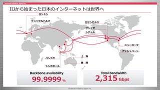©Internet Initiative Japan Inc.
IIJから始まった日本のインターネットは世界へ
デュッセルドルフ
ロンドン
上 海
香 港
バンコク
シンガポール
サンノゼ
ニューヨーク
ロサンゼルス
シアトル
アッシュバーン
Total bandwidth
2,315 Gbps
Backbone availability
99.9999%
 