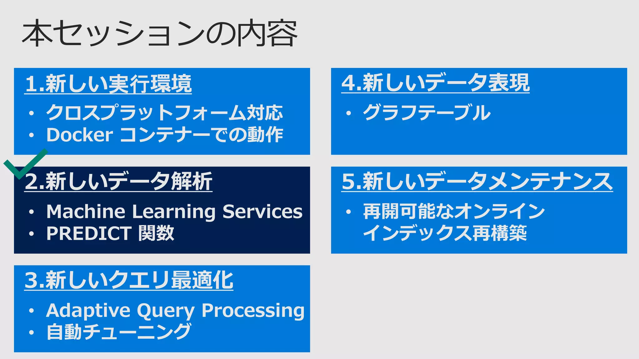 1.新しい実行環境
• クロスプラットフォーム対応
• Docker コンテナーでの動作
3.新しいクエリ最適化
• Adaptive Query Processing
• 自動チューニング
2.新しいデータ解析
• Machine Learning Services
• PREDICT 関数
4.新しいデータ表現
• グラフテーブル
5.新しいデータメンテナンス
• 再開可能なオンライン
インデックス再構築
 