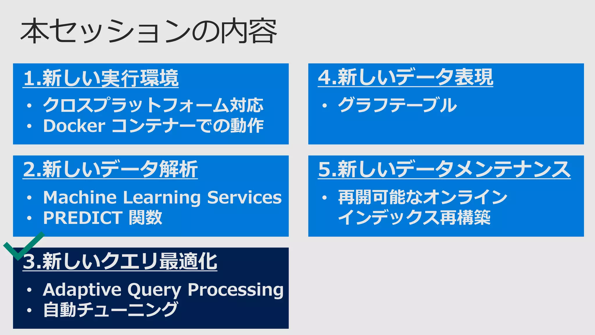 1.新しい実行環境
• クロスプラットフォーム対応
• Docker コンテナーでの動作
3.新しいクエリ最適化
• Adaptive Query Processing
• 自動チューニング
2.新しいデータ解析
• Machine Learning Services
• PREDICT 関数
4.新しいデータ表現
• グラフテーブル
5.新しいデータメンテナンス
• 再開可能なオンライン
インデックス再構築
 