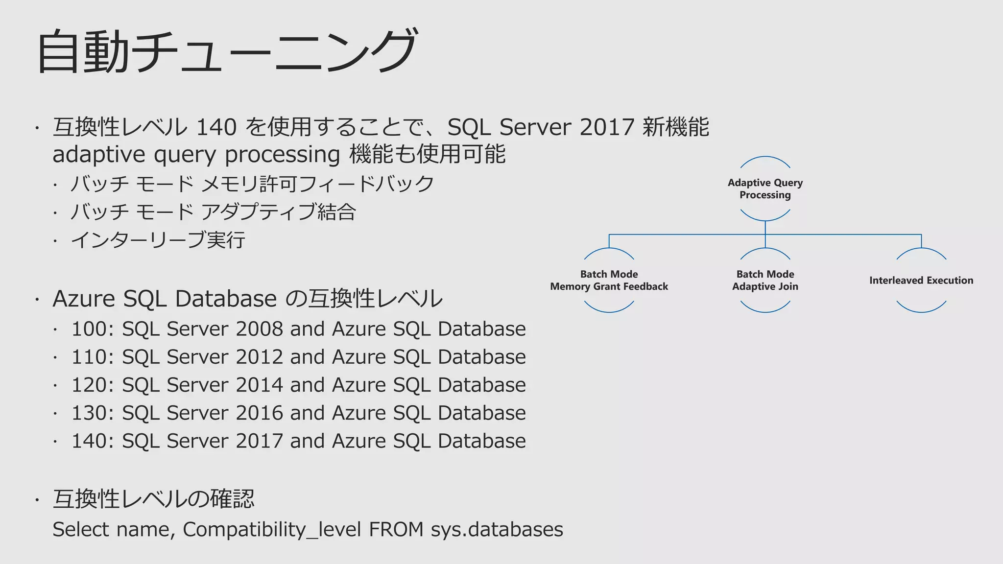 Adaptive Query
Processing
Batch Mode
Memory Grant Feedback
Batch Mode
Adaptive Join
Interleaved Execution
 