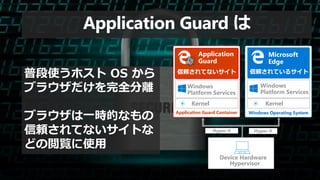 Hypervisor
Device Hardware
Kernel
Windows
Platform Services
Windows Operating System
Hyper-V Hyper-V
信頼されているサイト
Microsoft
Edge
Kernel
Windows
Platform Services
Application
Guard
Application Guard Container
信頼されてないサイト
Application Guard は
普段使うホスト OS から
ブラウザだけを完全分離
ブラウザは一時的なもの
信頼されてないサイトな
どの閲覧に使用
 