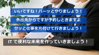 いいですね！パーッとやりましょう！
外出先からですが予約しときますよ
サッと仕事を片付けて行きましょう！
IT で便利な未来を作っていきましょう！
 