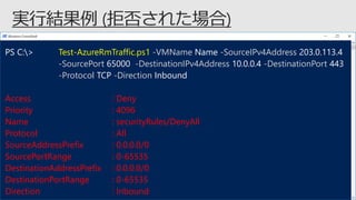 PS C:> Test-AzureRmTraffic.ps1 -VMName Name -SourceIPv4Address 203.0.113.4
-SourcePort 65000 -DestinationIPv4Address 10.0.0.4 -DestinationPort 443
-Protocol TCP -Direction Inbound
Access : Deny
Priority : 4096
Name : securityRules/DenyAll
Protocol : All
SourceAddressPrefix : 0.0.0.0/0
SourcePortRange : 0-65535
DestinationAddressPrefix : 0.0.0.0/0
DestinationPortRange : 0-65535
Direction : Inbound
 