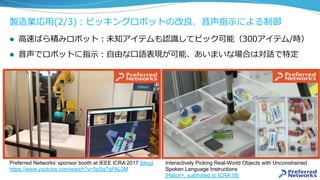 製造業応⽤(2/3)：ピッキングロボットの改良、⾳声指⽰による制御
l  ⾼速ばら積みロボット：未知アイテムも認識してピック可能（300アイテム/時）
l  ⾳声でロボットに指⽰：⾃由な⼝語表現が可能、あいまいな場合は対話で特定
Interactively Picking Real-World Objects with Unconstrained
Spoken Language Instructions
[Hatori+, submitted to ICRA’18]
Preferred Networks’ sponsor booth at IEEE ICRA 2017 [blog]
https://www.youtube.com/watch?v=5pSq7qFAL0M
 