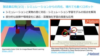 製造業応⽤(3/3)：シミュレーションからの汎化、壊れても動くロボット
l  シミュレーションと実物の差に対応：シミュレーション学習モデルの弱点を解消
l  部分的な故障や環境変化に適応：深層強化学習の⾼度な応⽤
Map-based Multi-Policy Reinforcement Learning: Enhancing
Adaptability of Robots by Deep Reinforcement Learning
[Kume+, submitted to ICRA’18]
Asymmetric Actor Critic for Image-Based Robot Learning
[Pinto+, 2017]
 