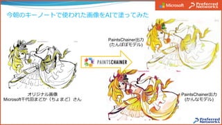 今朝のキーノートで使われた画像をAIで塗ってみた
オリジナル画像
Microsoft千代⽥まどか（ちょまど）さん
PaintsChainer出⼒
(かんなモデル)
PaintsChainer出⼒
(たんぽぽモデル)
 