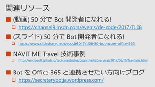 ■
 https://channel9.msdn.com/events/de-code/2017/TL08
■
 https://www.slideshare.net/decode2017/tl08-50-bot-azure-office-365
■
 https://microsoft.github.io/techcasestudies/cognitive%20services/2017/06/28/Navitime.html
■
 https://secretarybotja.wordpress.com/
 