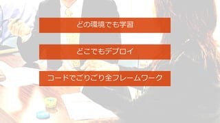 どの環境でも学習
どこでもデプロイ
コードでごりごり全フレームワーク
 
