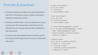 Promote & download # setup environment
az ml env setup
-l <location>
-n <environment name>
# set environment
az ml env set
-g <resource-group>
-n <environment name>
# Create modelmanagement account
az ml account modelmanagement create
--name <modelmanagement name>
--resource-group <resource-group>
--location <region>
# deploy model
az ml service create realtime
-m <path to .link file>
-f <scoring script>
-r <runtime (spark-py|python)>
–n <webservice name>
 