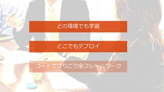 どの環境でも学習
どこでもデプロイ
コードでごりごり全フレームワーク
 