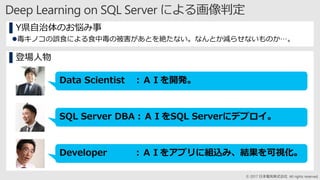 © 2017 日本電気株式会社 All rights reserved.
▌Y県自治体のお悩み事
毒キノコの誤食による食中毒の被害があとを絶たない。なんとか減らせないものか…。
Deep Learning on SQL Server による画像判定
▌登場人物
Data Scientist ：ＡＩを開発。
SQL Server DBA：ＡＩをSQL Serverにデプロイ。
Developer ：ＡＩをアプリに組込み、結果を可視化。
 