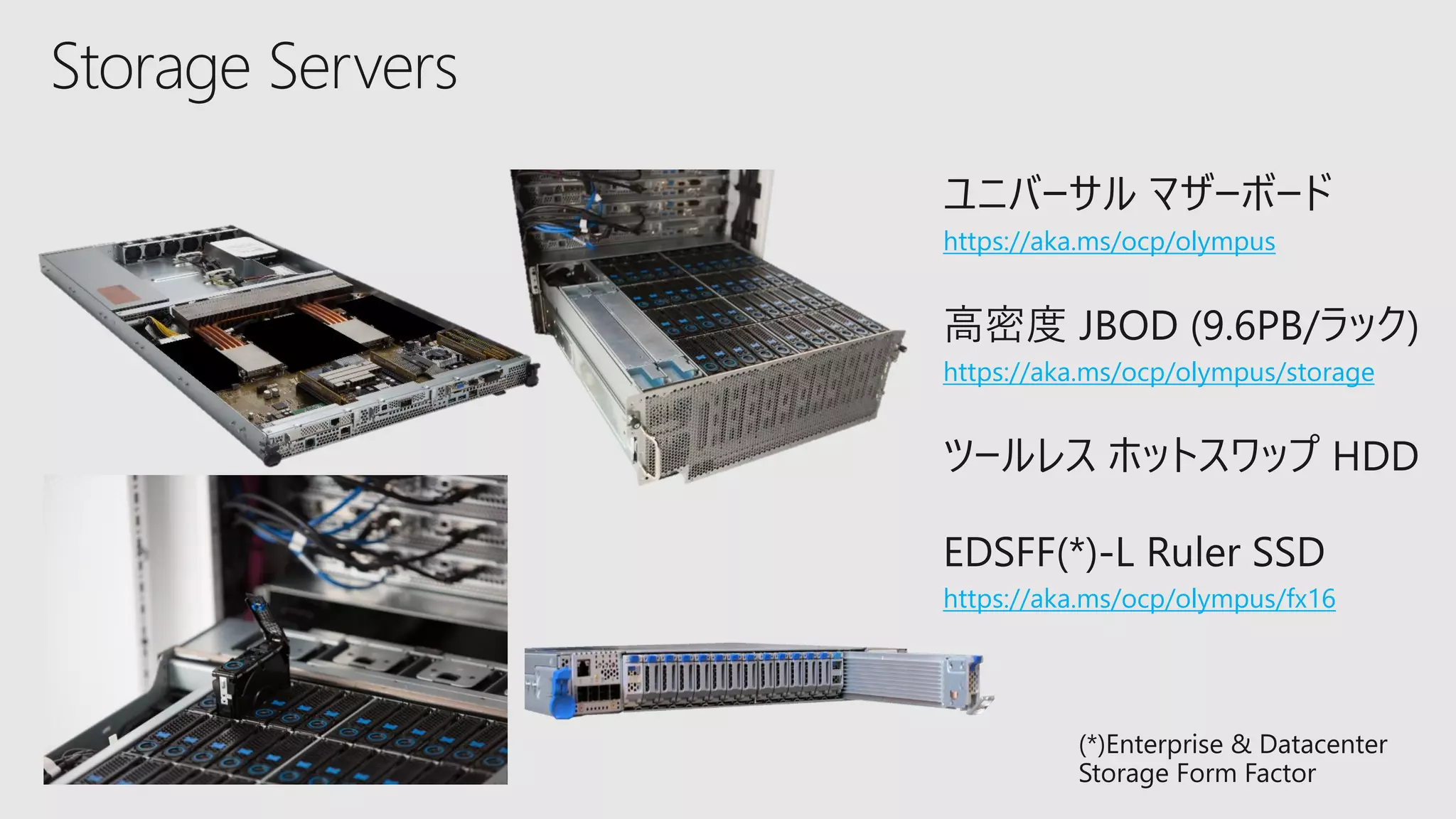 Storage Servers
https://aka.ms/ocp/olympus/storage
バー
https://aka.ms/ocp/olympus
https://aka.ms/ocp/olympus/fx16
(*)Enterprise & Datacenter
Storage Form Factor
 