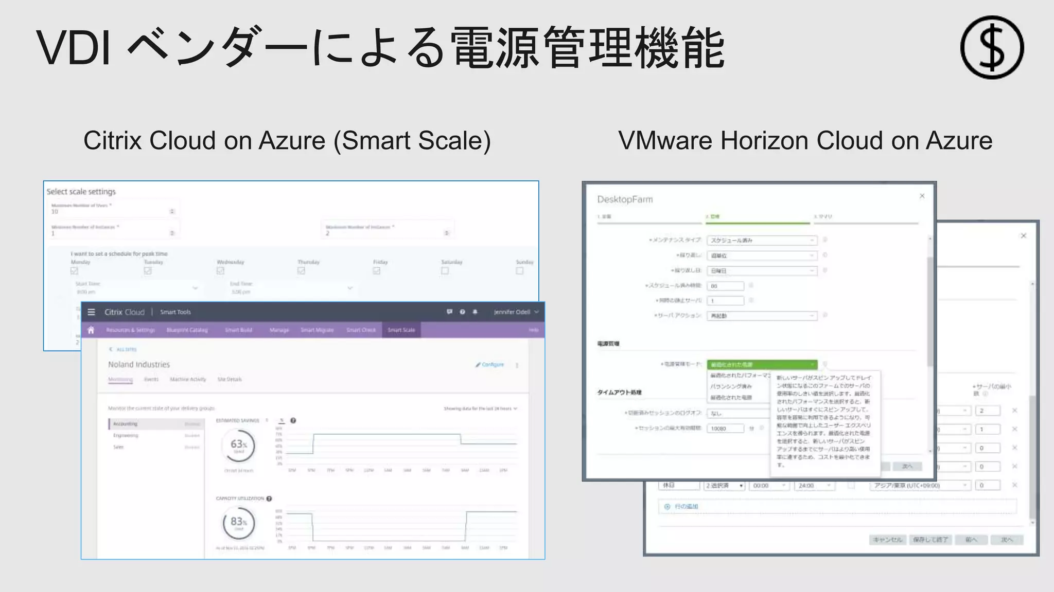 VDI ベンダーによる電源管理機能
Citrix Cloud on Azure (Smart Scale) VMware Horizon Cloud on Azure
 