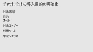 チャットボットの導入目的の明確化
対象業務
目的
ゴール
対象ユーザー
利用ツール
想定シナリオ
 