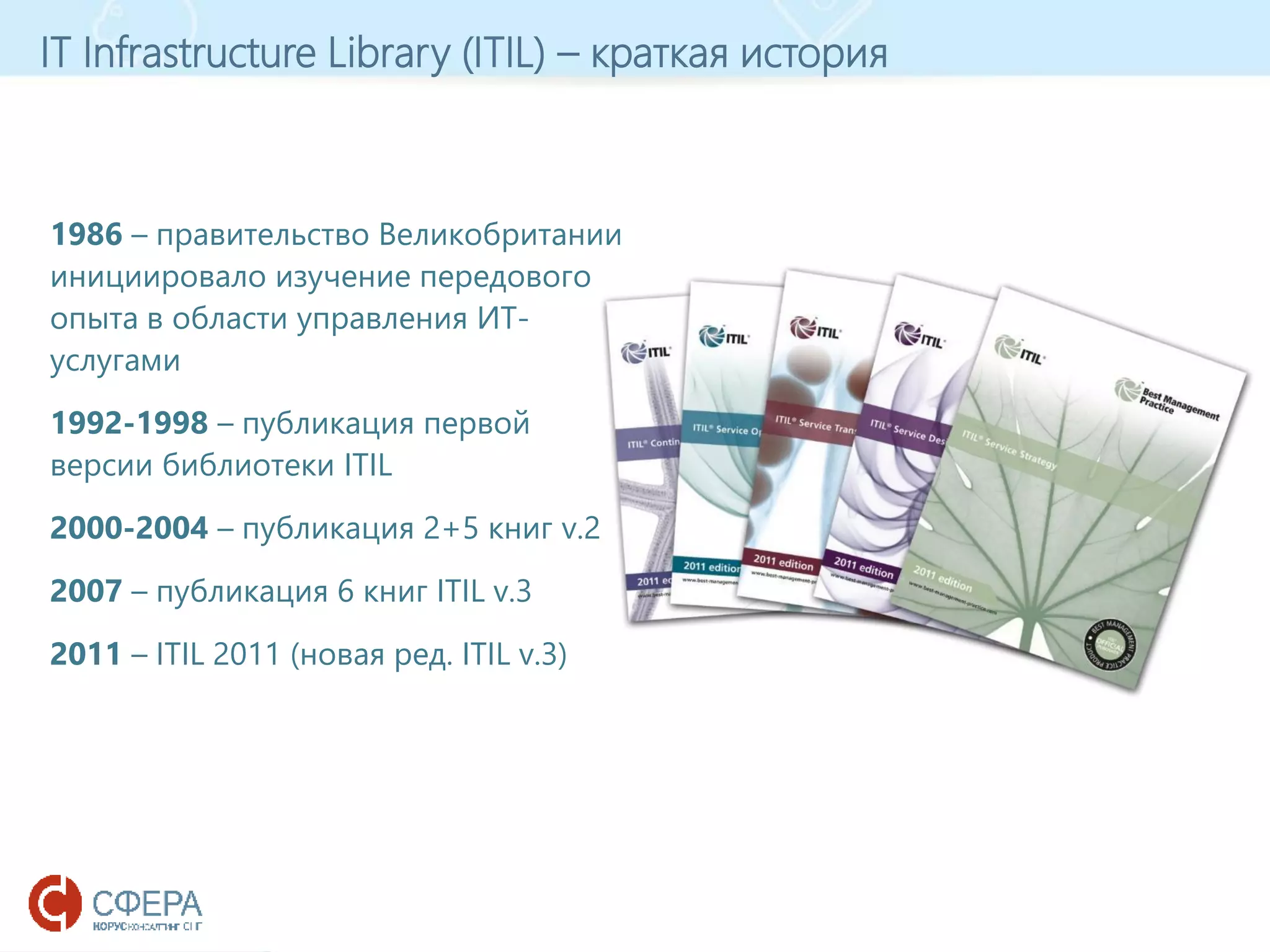 www.esphere.ru
IT Infrastructure Library (ITIL) – краткая история
1986 – правительство Великобритании
инициировало изучение передового
опыта в области управления ИТ-
услугами
1992-1998 – публикация первой
версии библиотеки ITIL
2000-2004 – публикация 2+5 книг v.2
2007 – публикация 6 книг ITIL v.3
2011 – ITIL 2011 (новая ред. ITIL v.3)
 