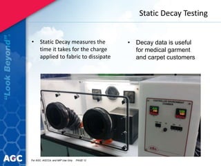 Static Decay Testing
• Static Decay measures the
time it takes for the charge
applied to fabric to dissipate
• Decay data is useful
for medical garment
and carpet customers
For AGC, AGCCA, and MIP Use Only PAGE 12
 